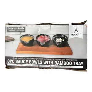 Servappetit 3 Pc Sauce Bowls with Bamboo‎ Tray NIB